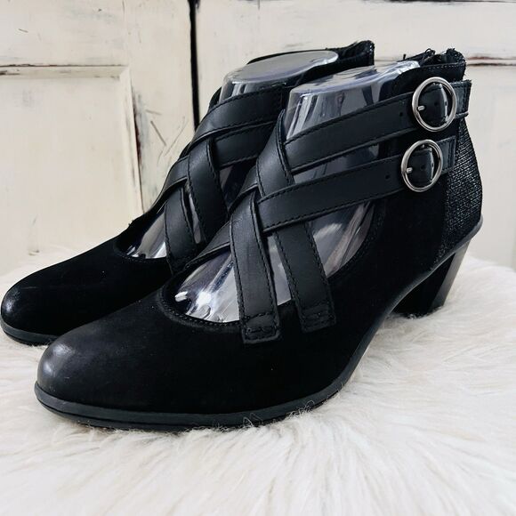 Earth Amber Black Leather Criss Cross Mary Jane Low Heel Booties - Size 8B - Picture 1 of 10
